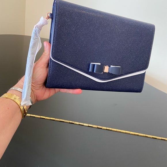 NWT Authentic Navy Ted Baker Krystan Bow Leather Envelope Pouch/bag - Picture 3 of 17